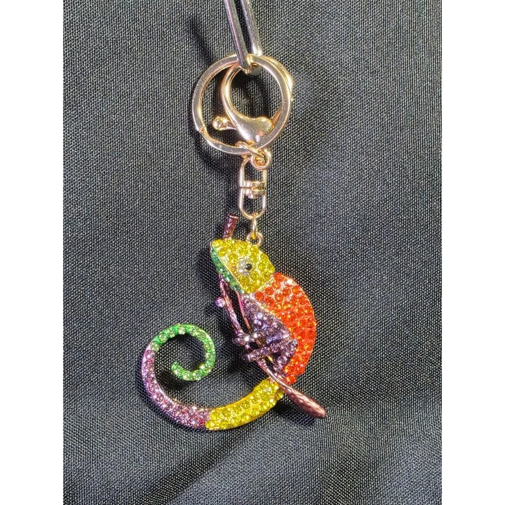 Rhinestone Chameleon Keychain Rainbow Gem Encrusted Bag Charm Rose Gold Tone